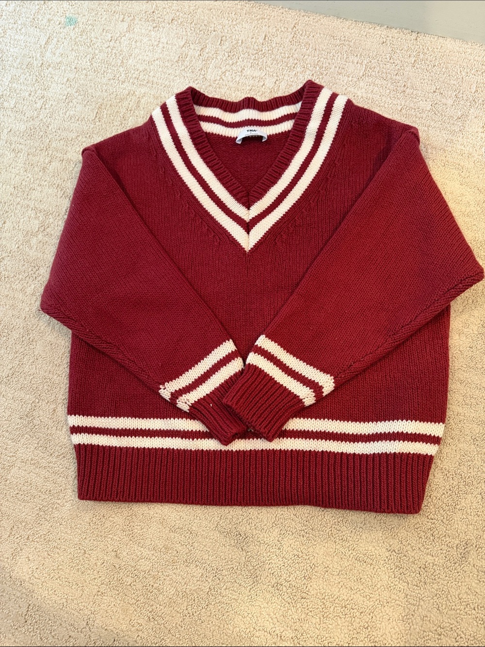 TNA Red and Cream Striped V-Neck Knit